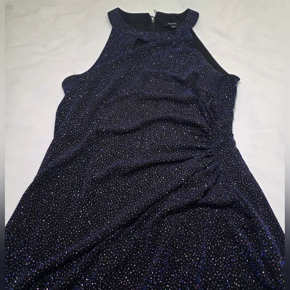 MSK Sleeveless Blue Glittery Sparkle Ruched Lined Cocktail Party Dress- Size 12